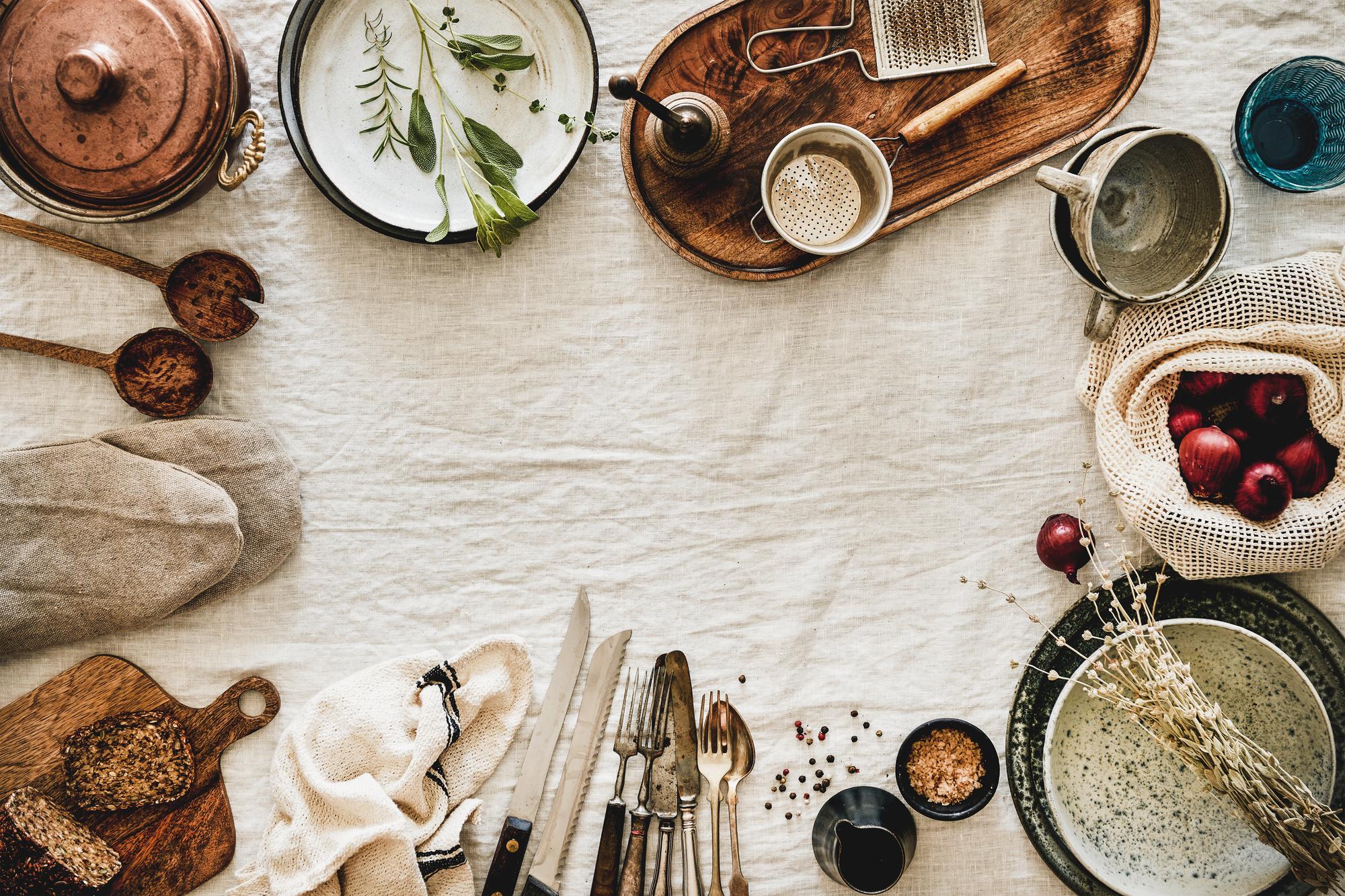 Cozy teaching kitchen with folded linen and utensils