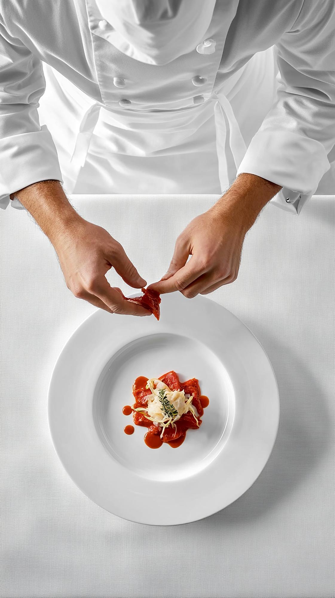 Instructor plating a composed dish in a studio kitchen
